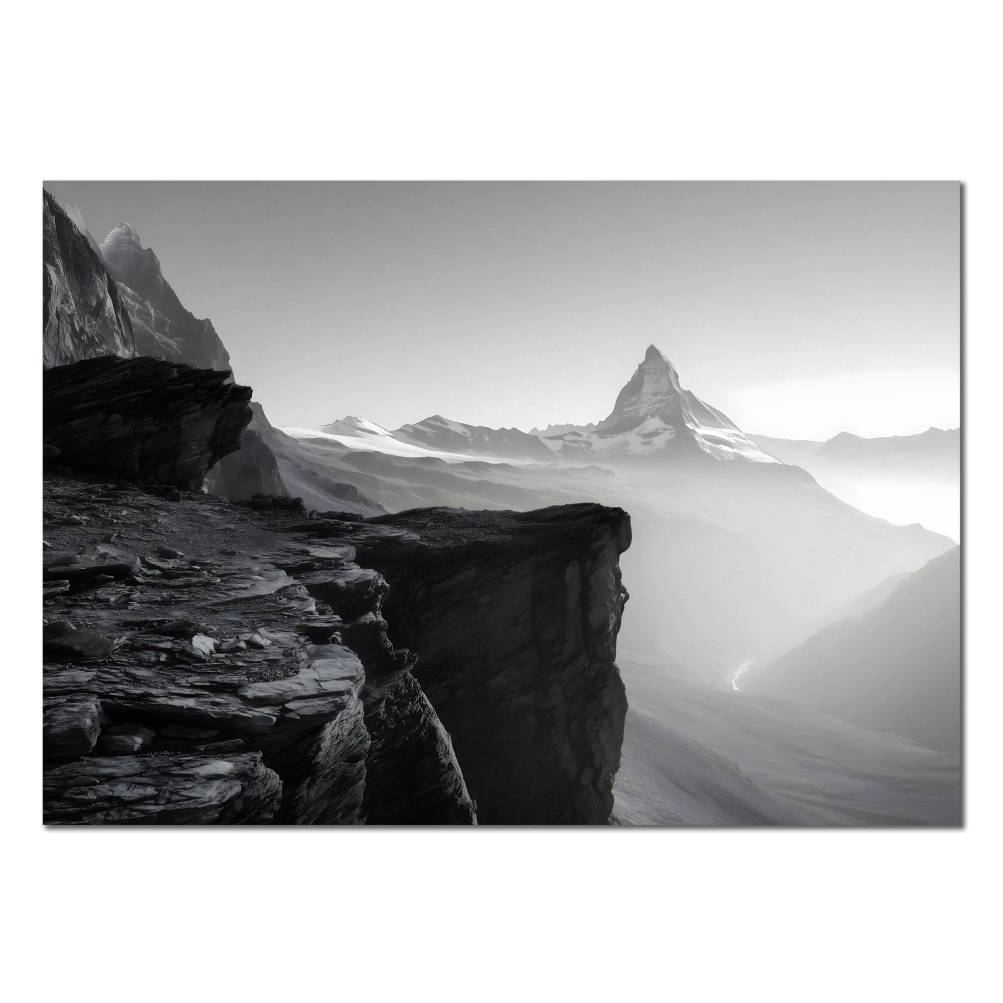 Edge of Silence – Alu-Dibond wall art showcasing the Matterhorn amidst misty Alpine beauty.