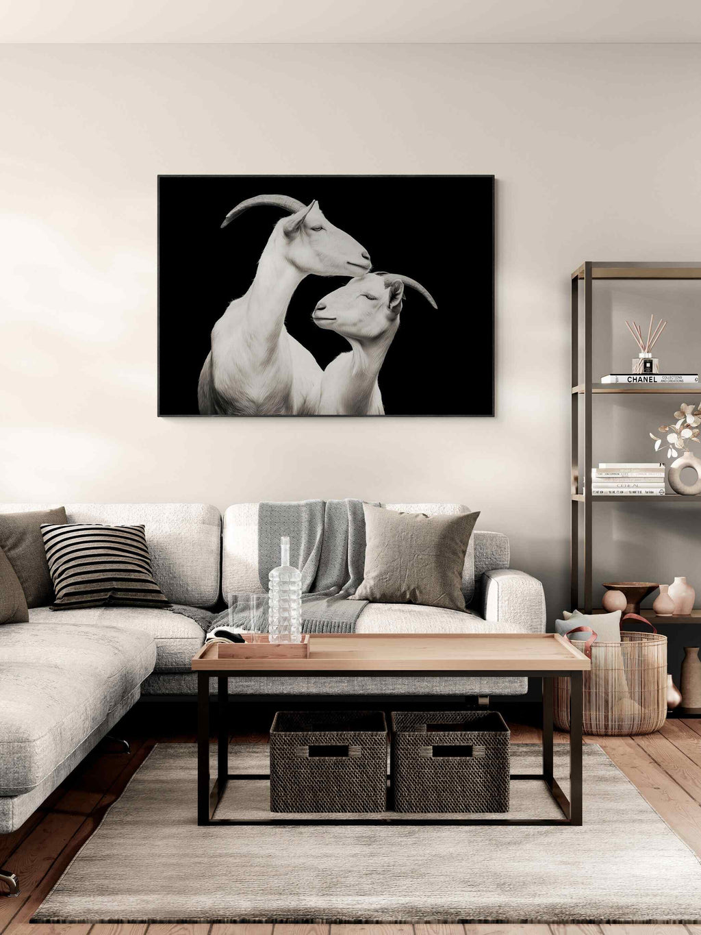 Elegance of goats - Alu-Dibond wall art displayed in a modern living room setting, capturing a tender moment between alpine goats.