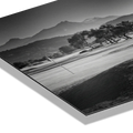 Fairway Beneath the Peaks: Premium alps Wall Art large showcasing a serene alpine golf course in silver monochrome.