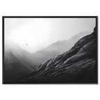 Flight over the Alps – Alu-Dibond wall art showcasing a lone bird gliding over misty mountain peaks.
