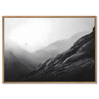 Flight over the Alps – Alu-Dibond wall art depicting a bird soaring above misty alpine mountains.