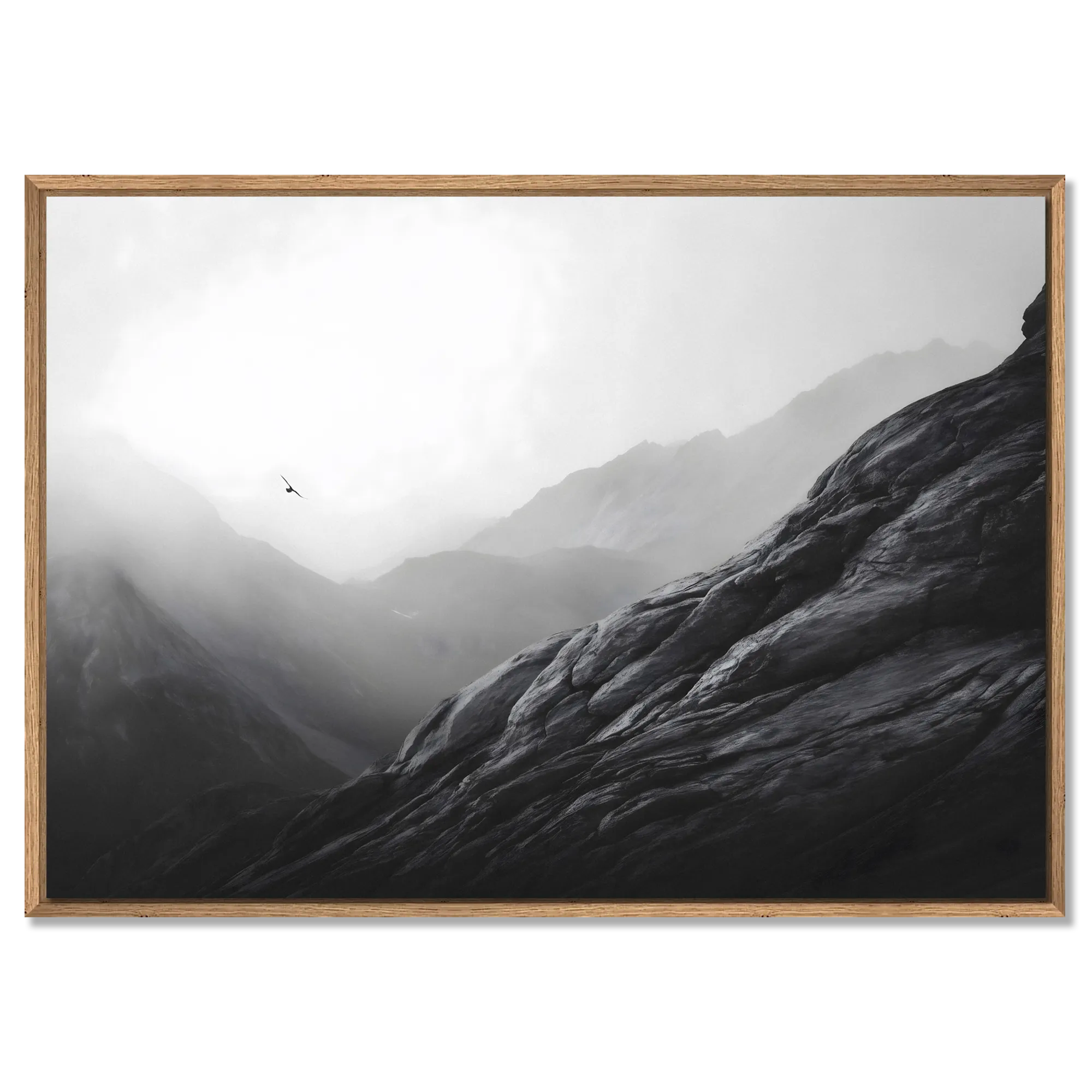 Flight over the Alps – Alu-Dibond wall art depicting a bird soaring above misty alpine mountains.
