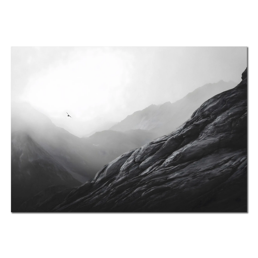 Flight over the Alps – Alu-Dibond wall art featuring a bird soaring through misty alpine mountains.