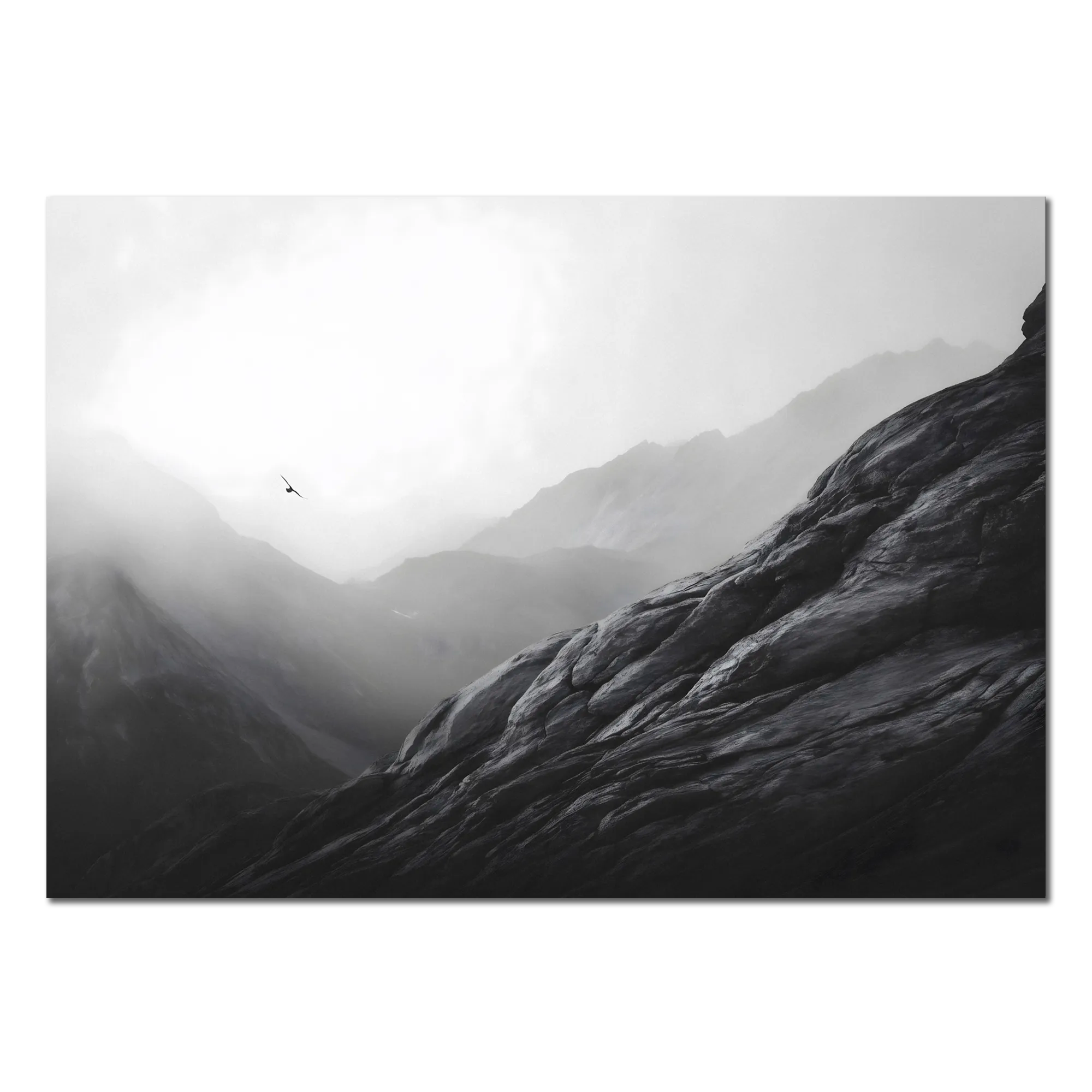 Flight over the Alps – Alu-Dibond wall art featuring a bird soaring through misty alpine mountains.