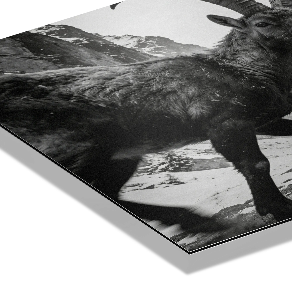 Gaze of Ibex – Alu-Dibond wall art featuring a black-and-white image of an alpine ibex in motion.