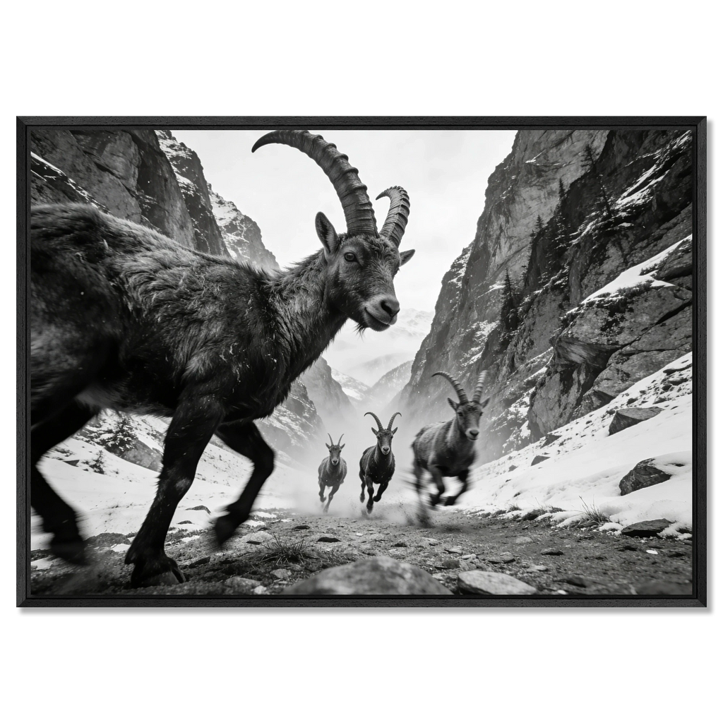 Gaze of Ibex – Alu-Dibond wall art featuring alpine ibex in a dramatic mountain ravine.