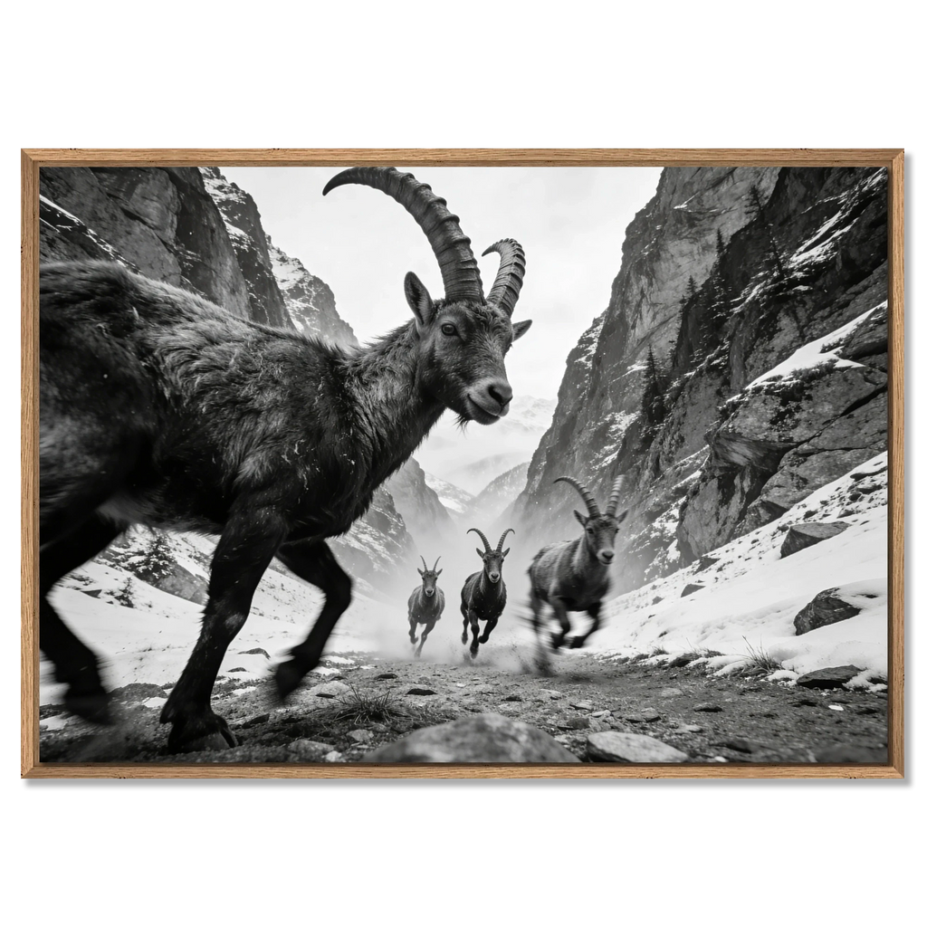 Gaze of Ibex – Alu-Dibond wall art featuring alpine ibex in a dramatic mountain ravine.