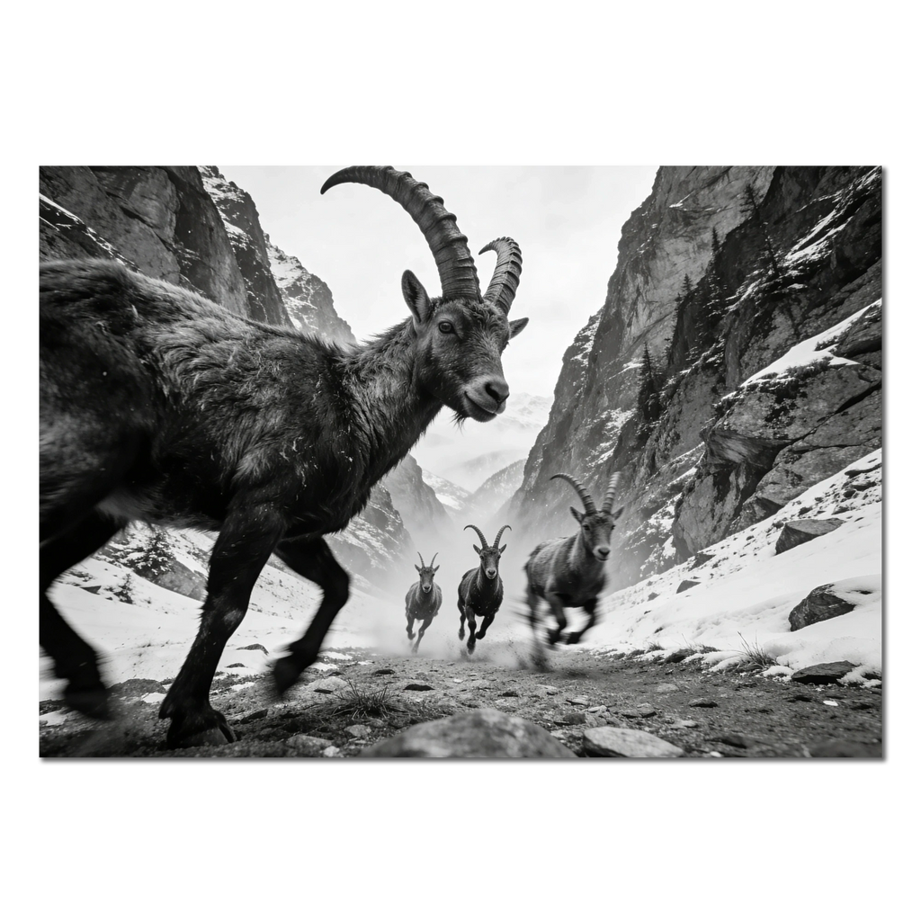 Gaze of Ibex – Alu-Dibond wall art featuring alpine ibex in a dramatic mountain ravine.