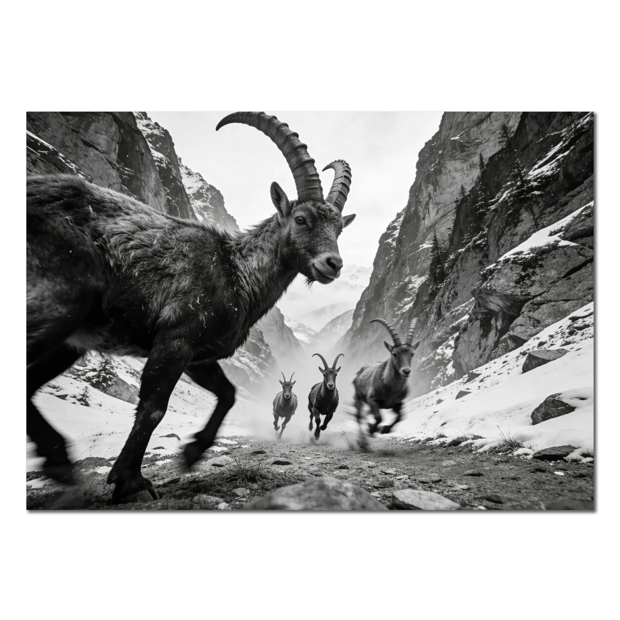Gaze of Ibex – Alu-Dibond wall art featuring alpine ibex in a dramatic mountain ravine.