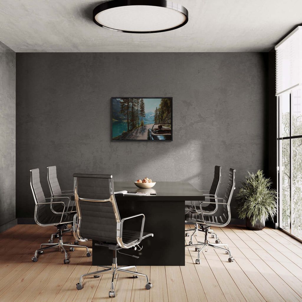 Gentleman’s Alpine Drive – Poster displayed in a modern conference room with sleek furniture and natural lighting.