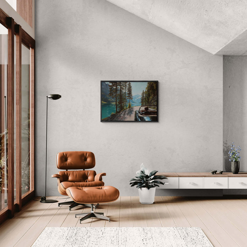 Gentleman’s Alpine Drive – Poster displayed in a modern living room with stylish furniture and serene decor.