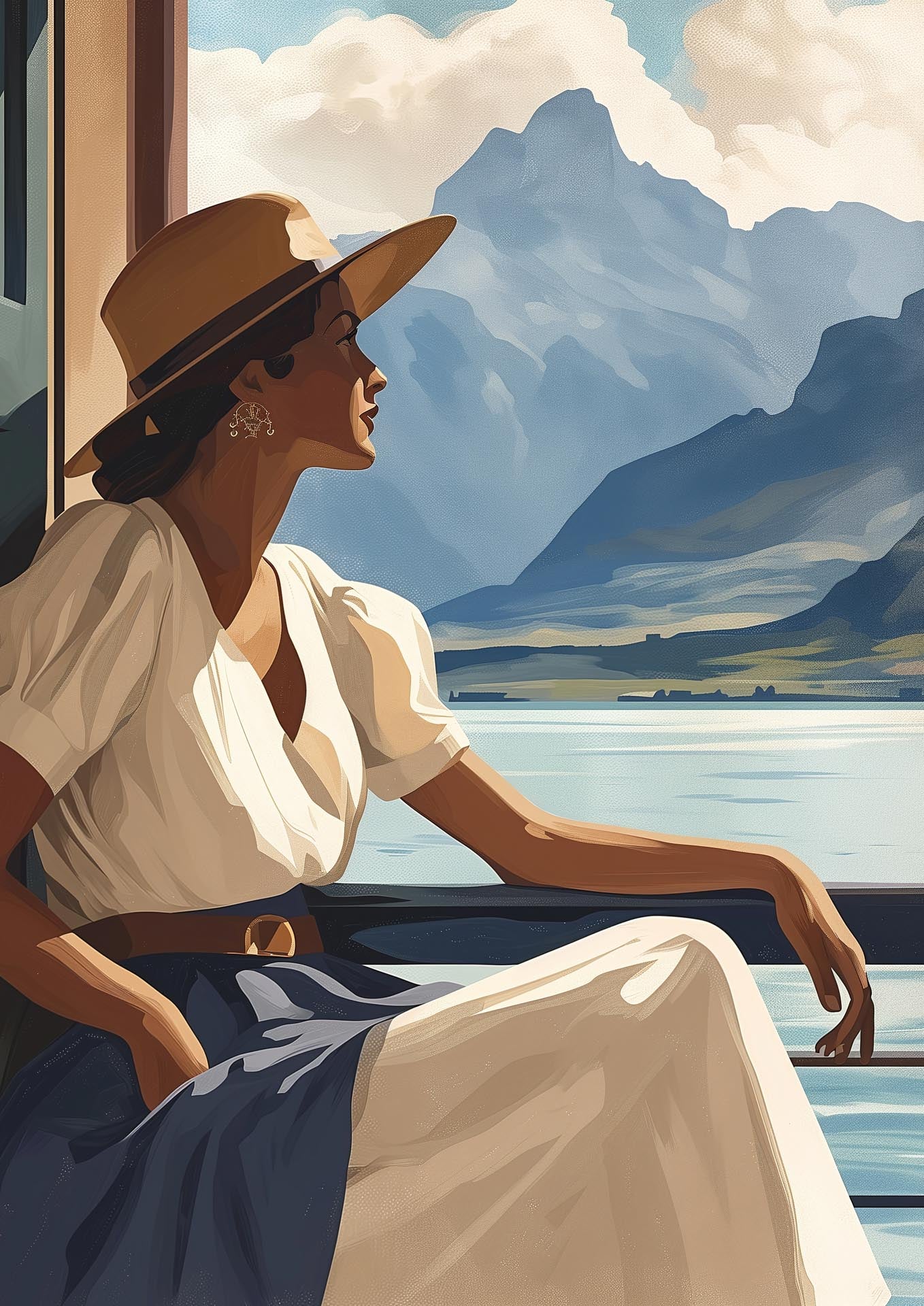 Girl near mountain water - Poster