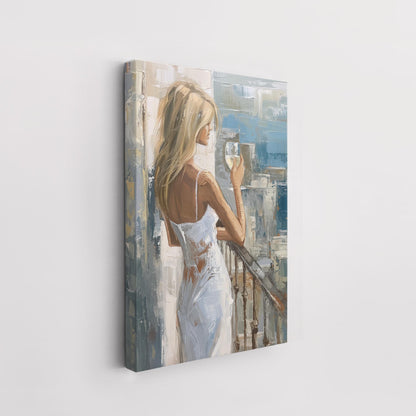 Girl on the balcony with wine - Canvas Poster Affiche.