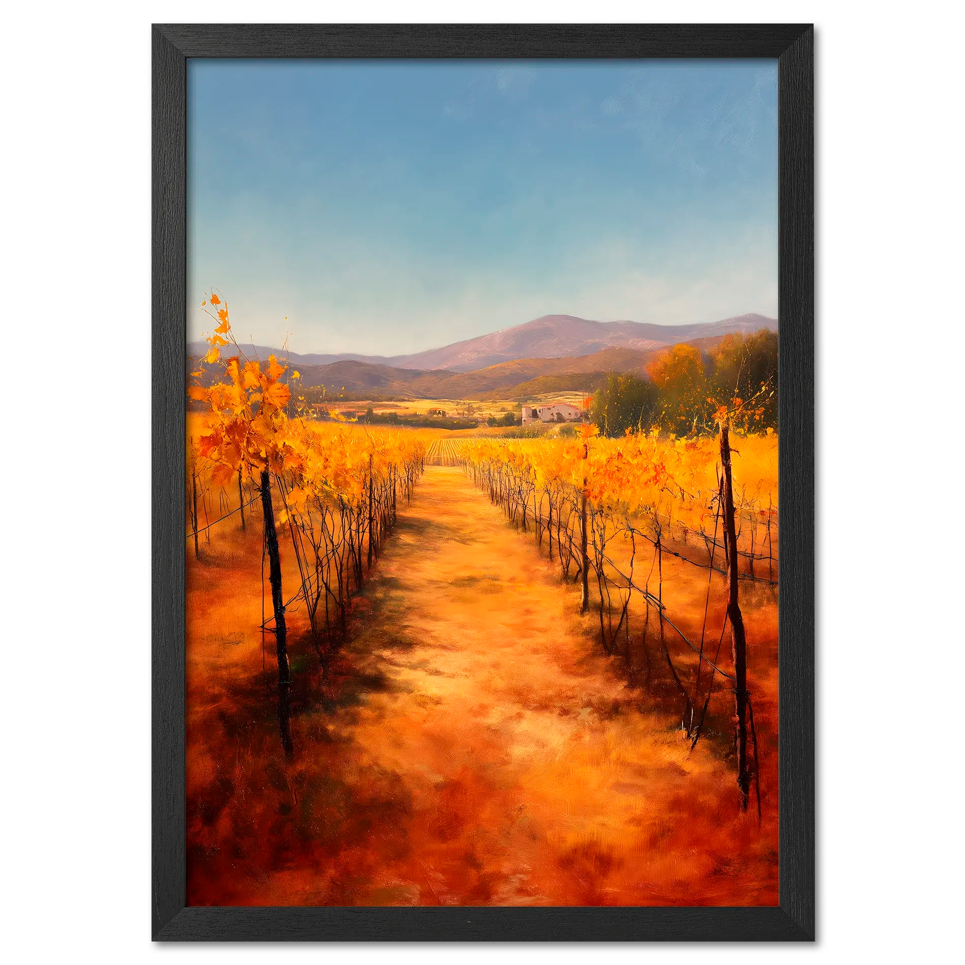Golden Rows, Autumn Vines - Poster featuring a path through vibrant autumn vineyards with golden vines.