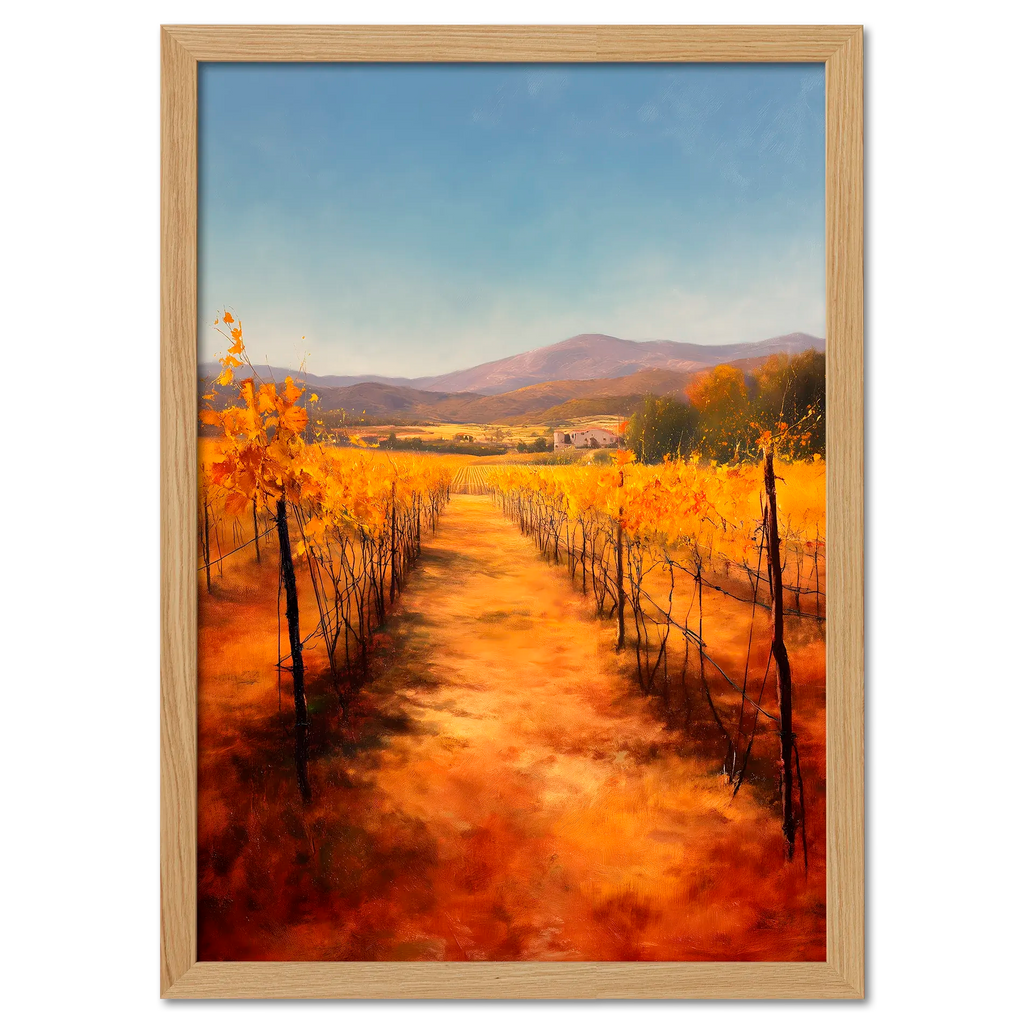 Golden Rows, Autumn Vines - Poster depicting autumn vineyards with golden vines and a clear blue sky.