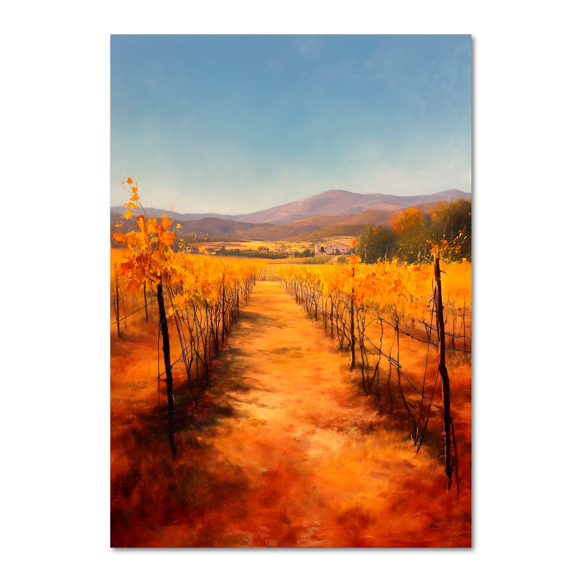 Golden Rows, Autumn Vines - Poster showcasing a tranquil path through autumn vineyards with golden vines.
