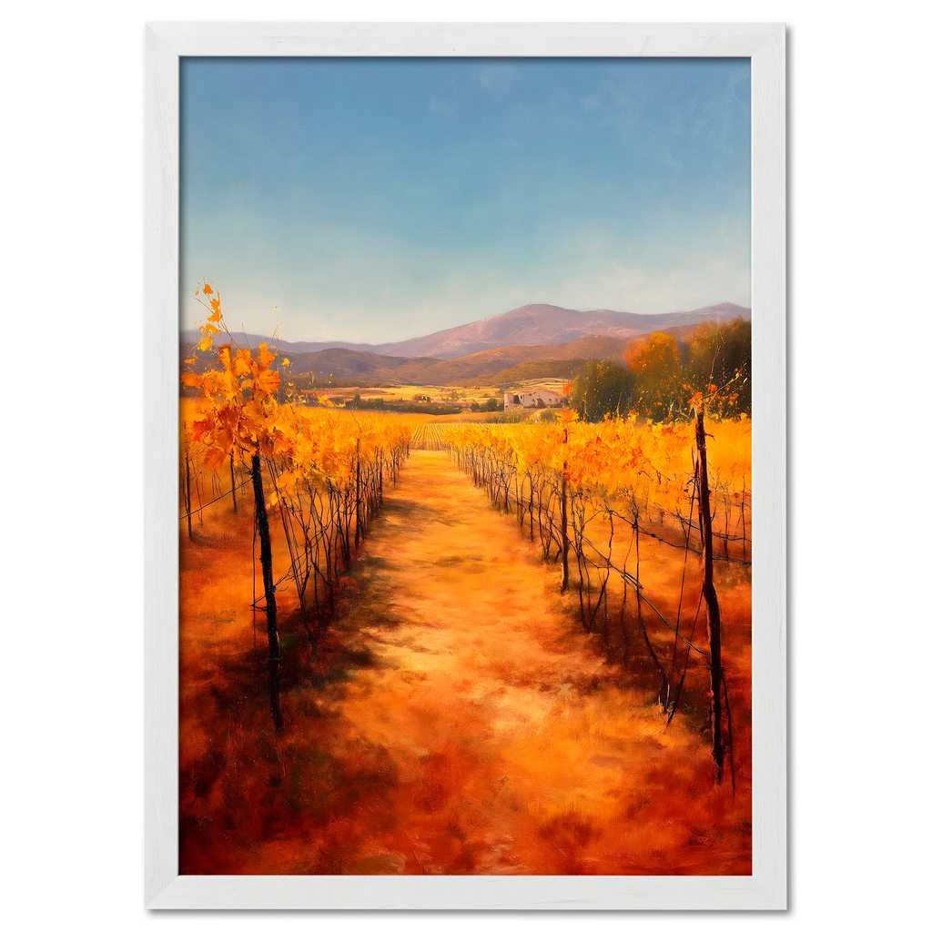 Golden Rows, Autumn Vines - Poster featuring a serene path through vibrant autumn vineyards.