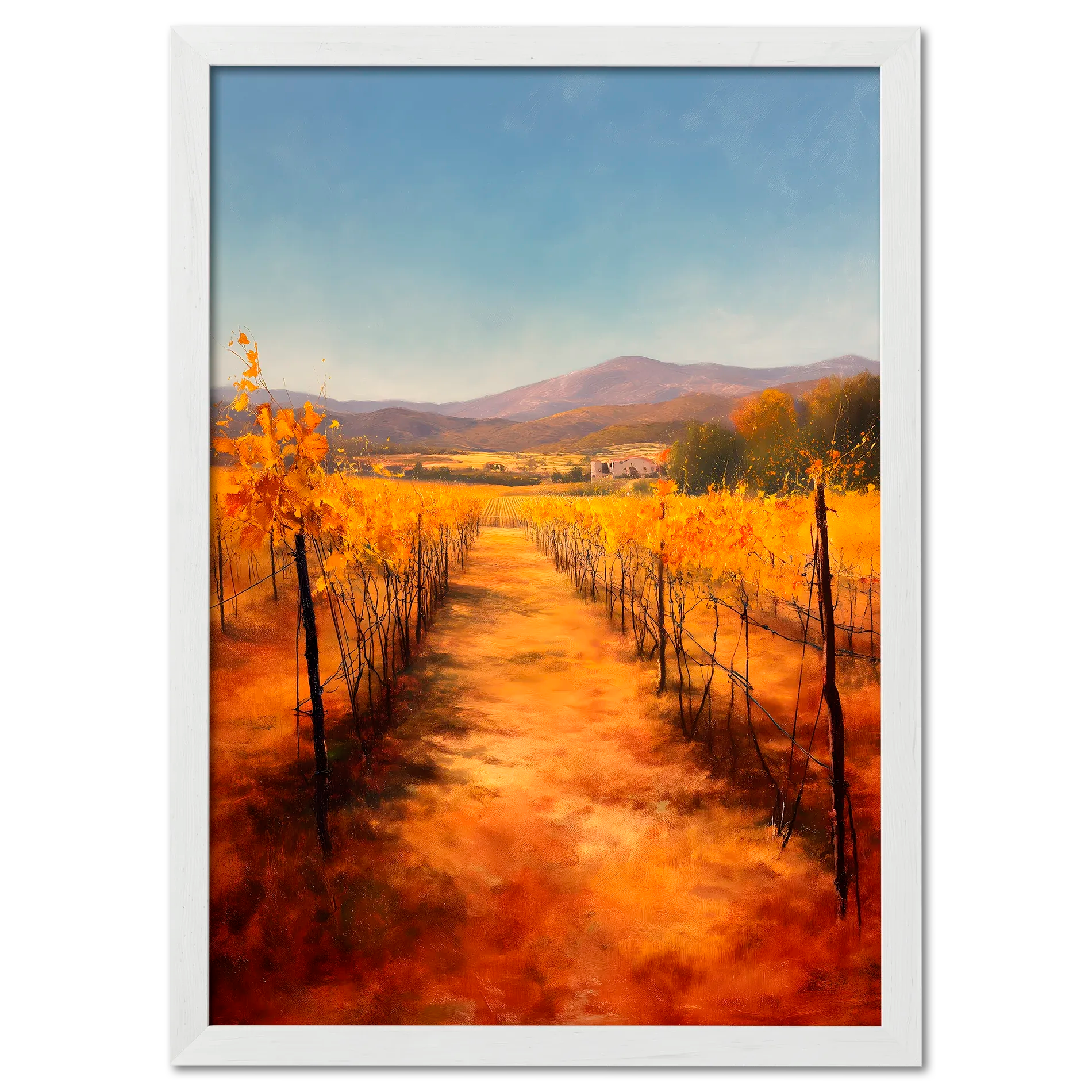 Golden Rows, Autumn Vines - Poster featuring a serene path through vibrant autumn vineyards.