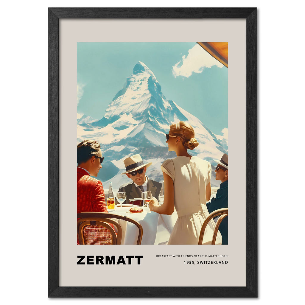 Framed poster of a scenic view with people at a table and the Matterhorn in the background, labeled 'Zermatt'.