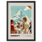Framed poster of a scenic view with people at a table and the Matterhorn in the background, labeled 'Zermatt'.