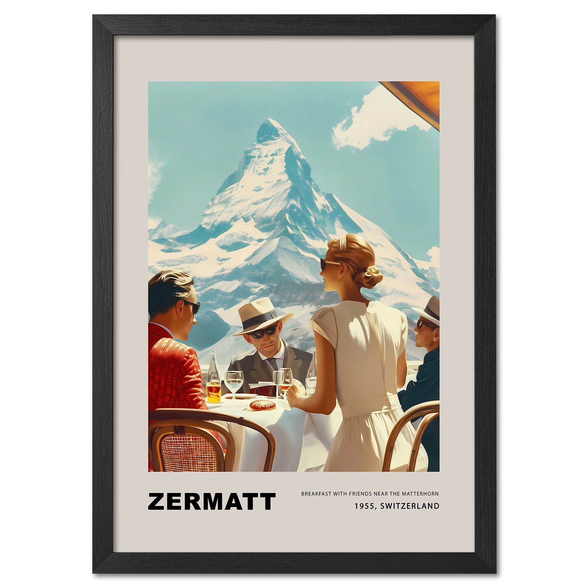 Framed poster of a scenic view with people at a table and the Matterhorn in the background, labeled 'Zermatt'.