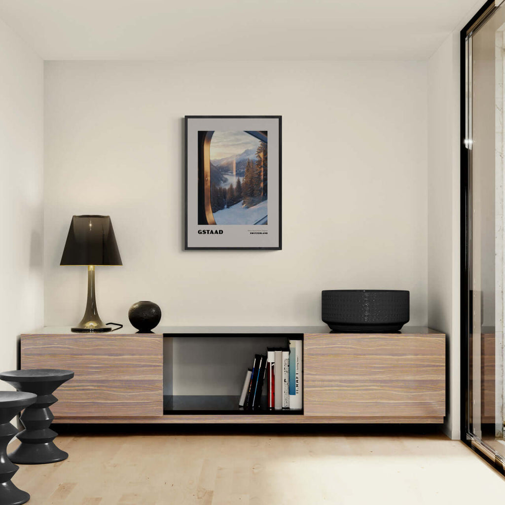 Gstaad - Where Nature Meets Elegance - Poster framed in a modern living room setting with stylish furniture.