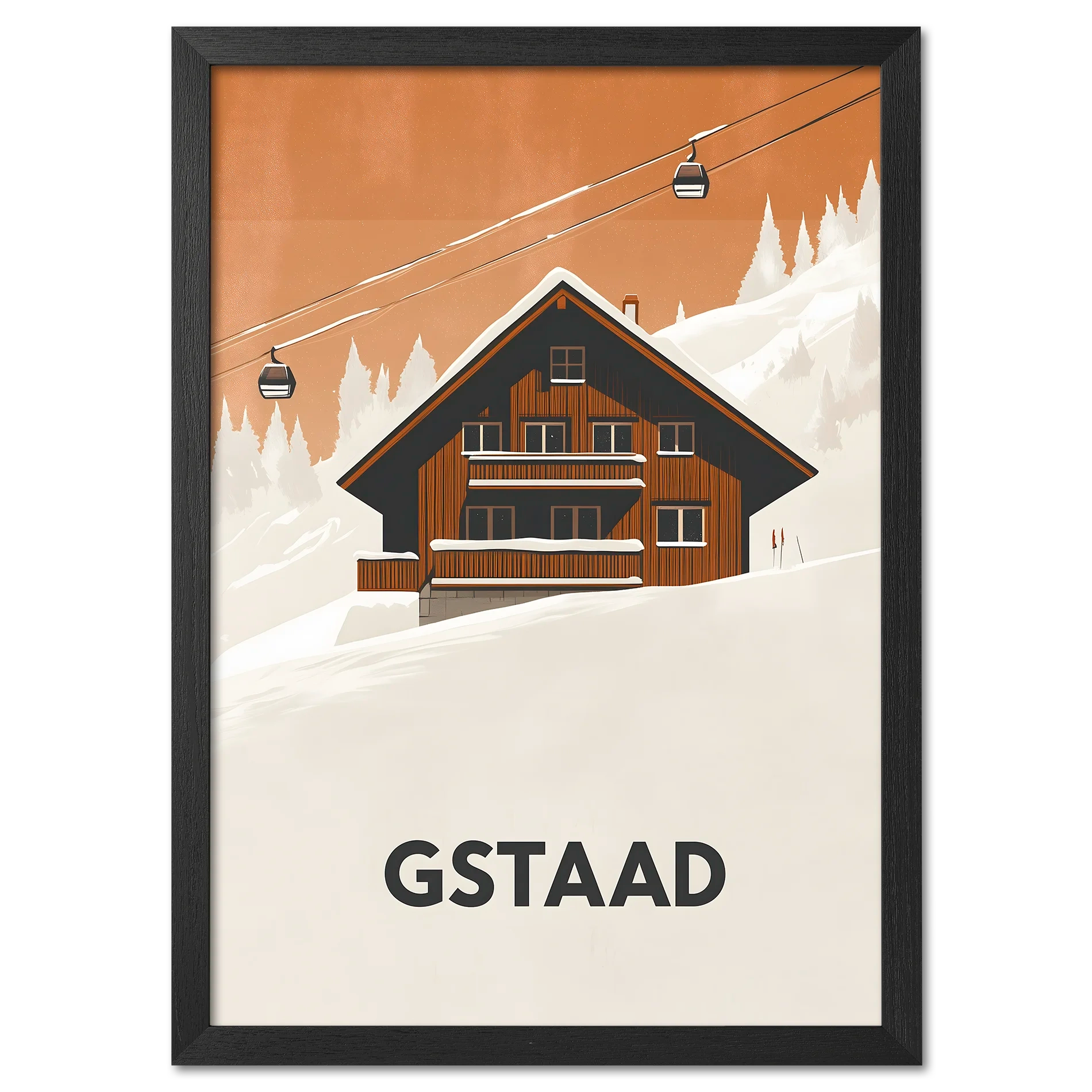 Gstaad – Alpine Chalet Escape - Poster featuring a cozy chalet in snow with cable cars in a tranquil mountain setting.