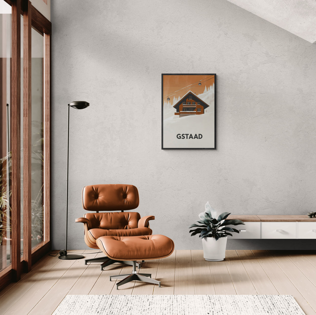 Gstaad – Alpine Chalet Escape - Poster hanging in a modern living room with a brown chair and white decor.