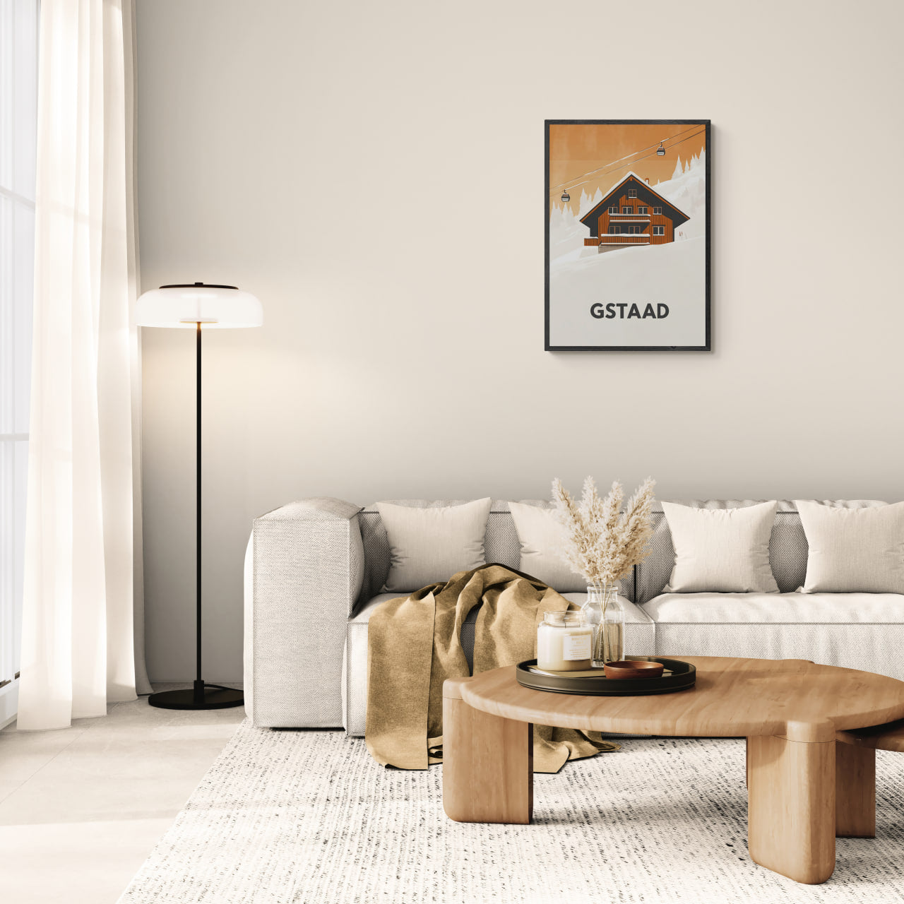 Gstaad – Alpine Chalet Escape - Poster displayed in a modern living room with cozy decor and natural light.