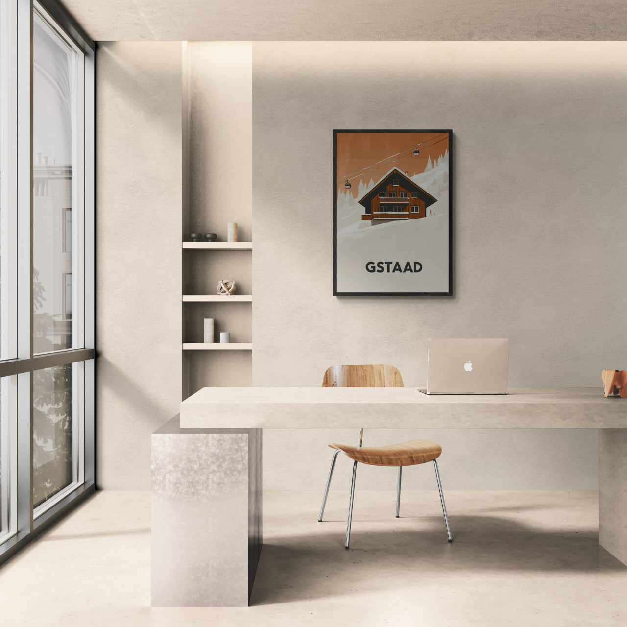 Gstaad – Alpine Chalet Escape - Poster displayed in a modern minimalist office with natural light.