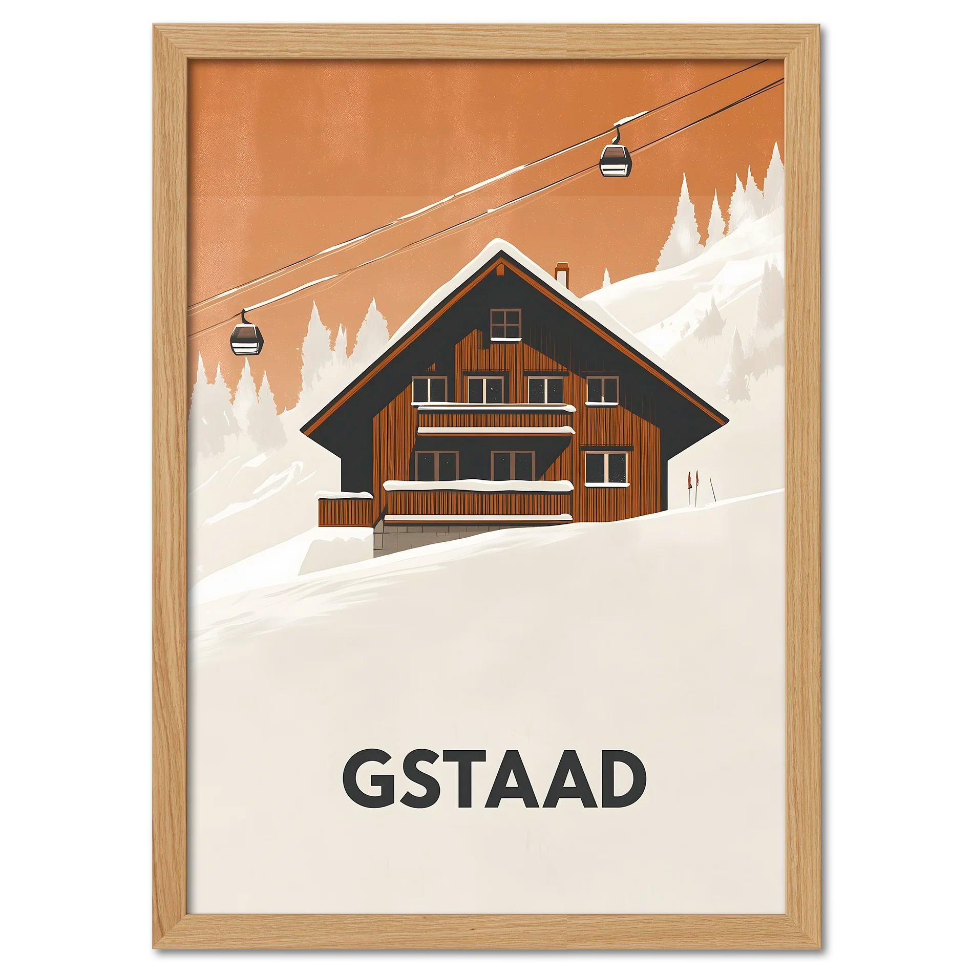 Gstaad – Alpine Chalet Escape - Poster featuring cozy chalet with cable cars and snowy landscape.