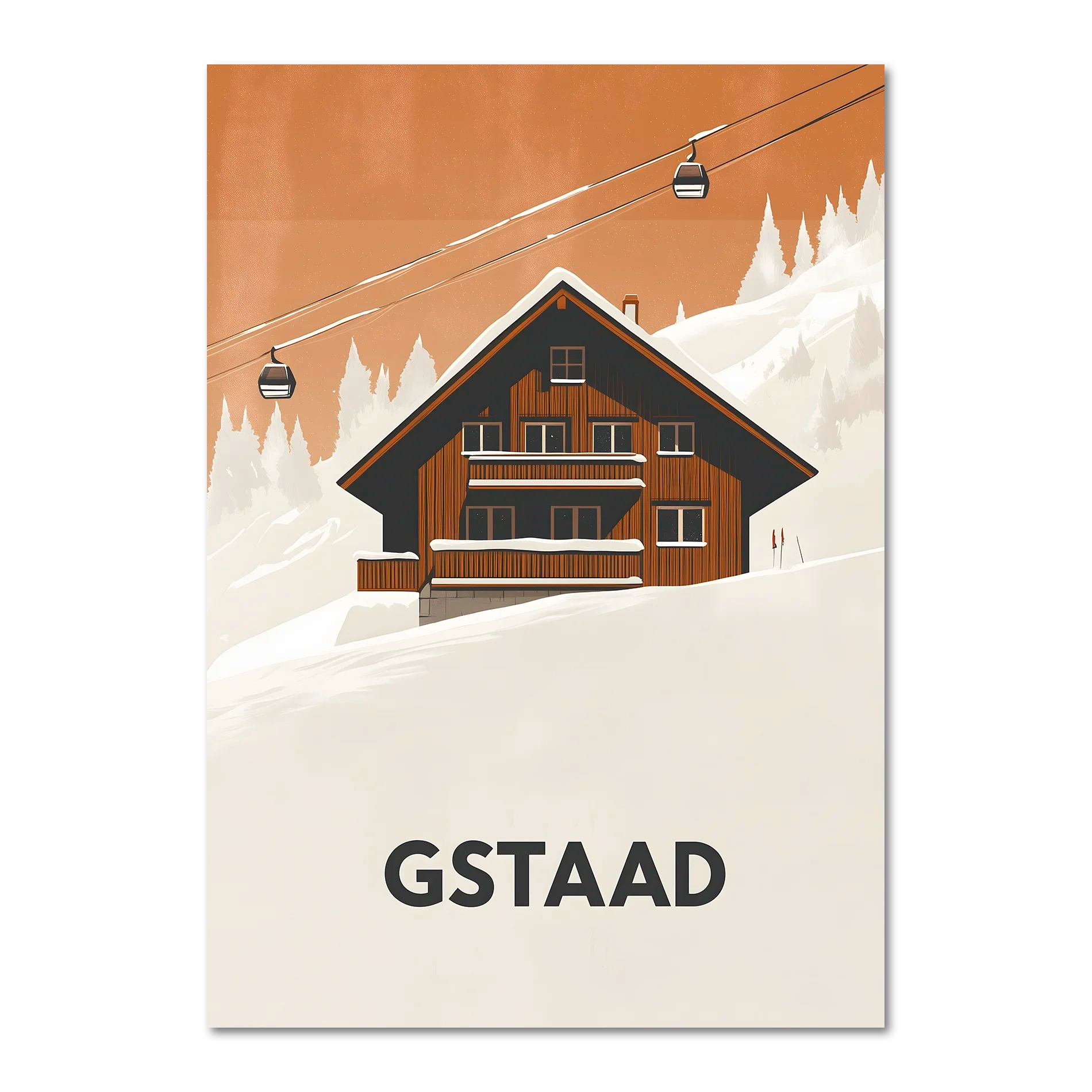 Gstaad – Alpine Chalet Escape - Poster featuring a cozy chalet with cable cars in a snowy landscape.