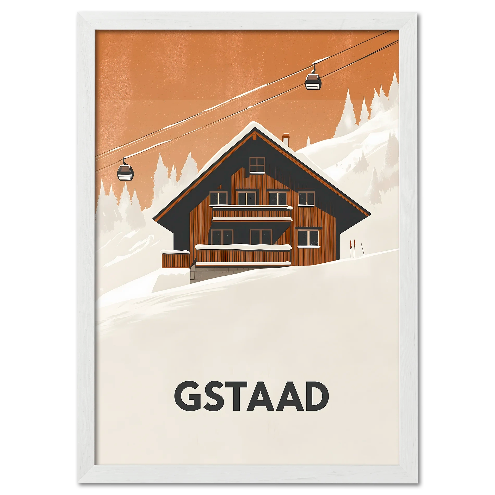 Gstaad – Alpine Chalet Escape - Poster featuring a cozy chalet and cable cars against a snowy backdrop.