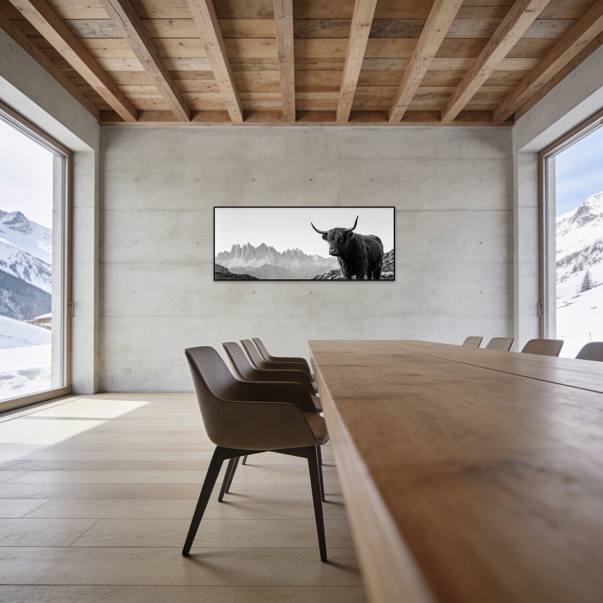 Highland Cow Peaks – Alu-Dibond wall art displayed in a modern room with snow-capped alps in the background.