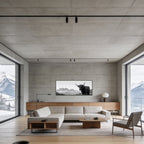 Highland Cow Peaks – Alu-Dibond wall art displayed in modern living room with alpine view.