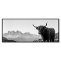 Highland Cow Peaks – Alu-Dibond wall art featuring a Highland cow in a black-and-white alpine landscape.