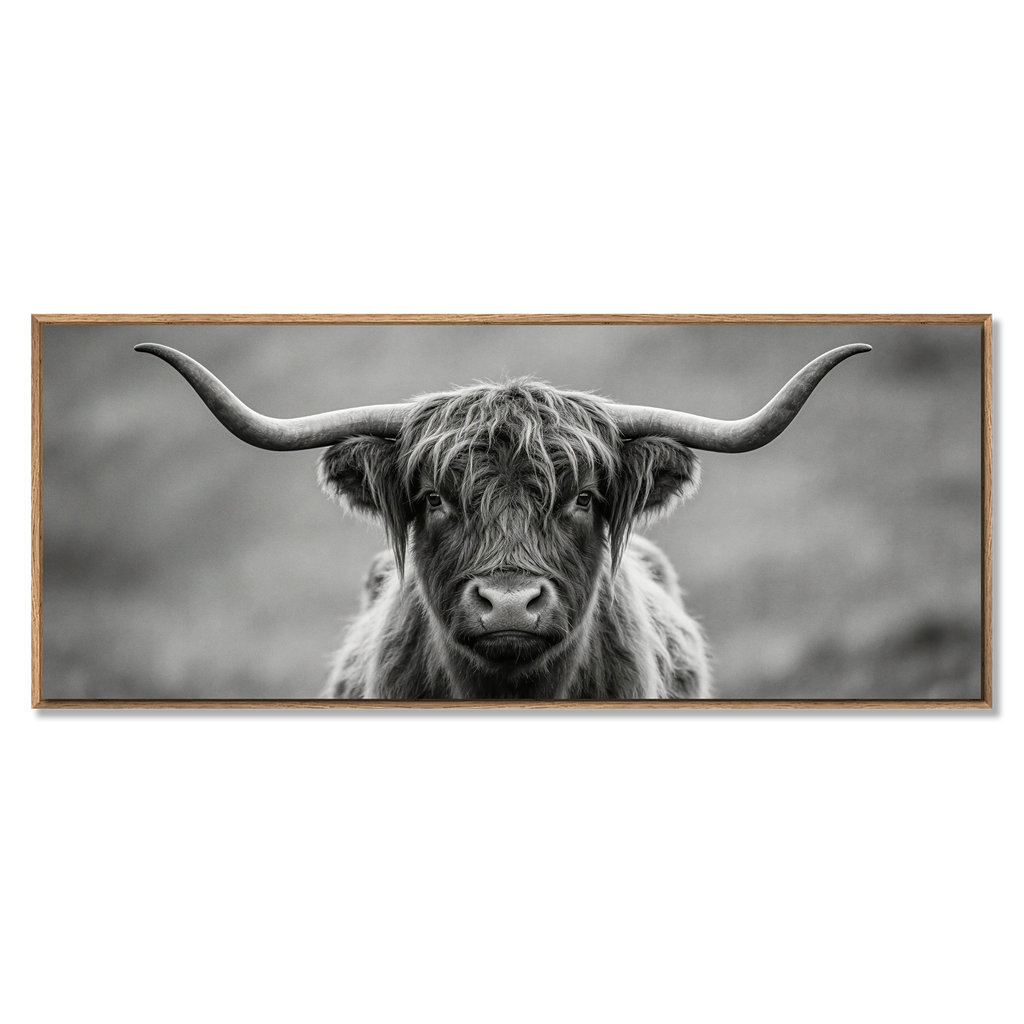 Highland Guardian – Alu-Dibond wall art featuring a Highland cow in black-and-white, showcasing its long horns.