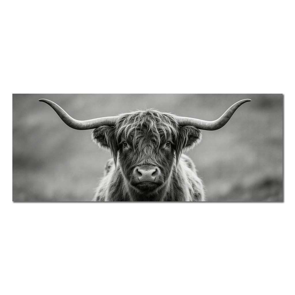 Highland Guardian – Alu-Dibond wall art featuring a striking Highland cow in black and white.