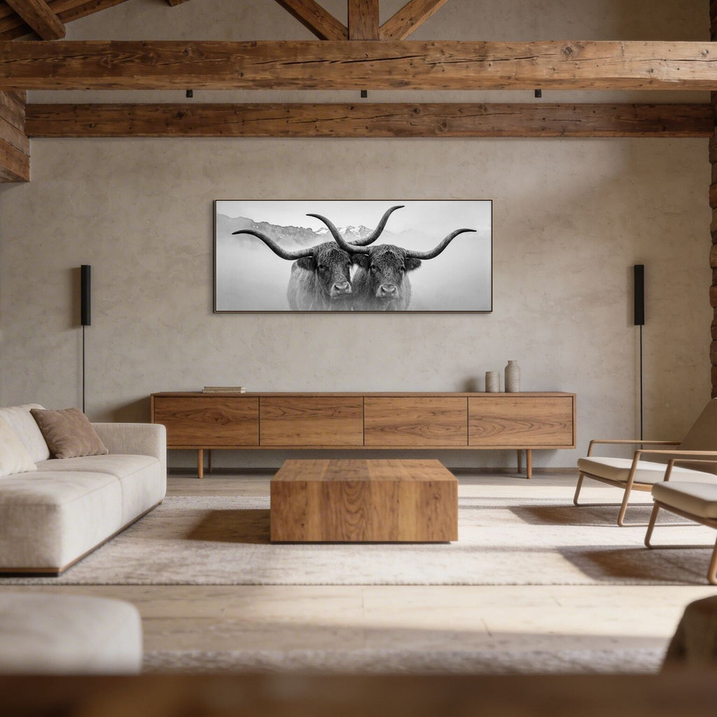 Horned Alpine Duo – Alu-Dibond wall art depicting two horned Alpine cows in a serene mountain setting.