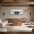 Horned Alpine Duo – Alu-Dibond wall art depicting two horned Alpine cows in a serene mountain setting.