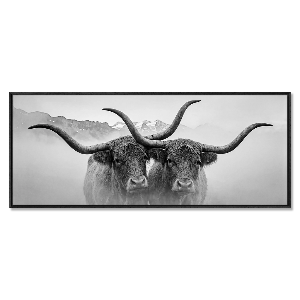 Horned Alpine Duo – Alu-Dibond wall art featuring two horned cows in a serene mountain landscape.