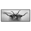 Horned Alpine Duo – Alu-Dibond wall art featuring two horned cows in a serene mountain landscape.