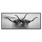Horned Alpine Duo – Alu-Dibond wall art featuring two horned cows in a serene mountain landscape.