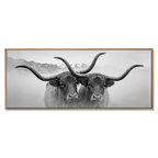 Horned Alpine Duo – Alu-Dibond wall art showcasing two horned cows in a misty mountain landscape.