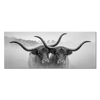 Horned Alpine Duo – Alu-Dibond wall art featuring two horned cows in a misty mountain landscape.