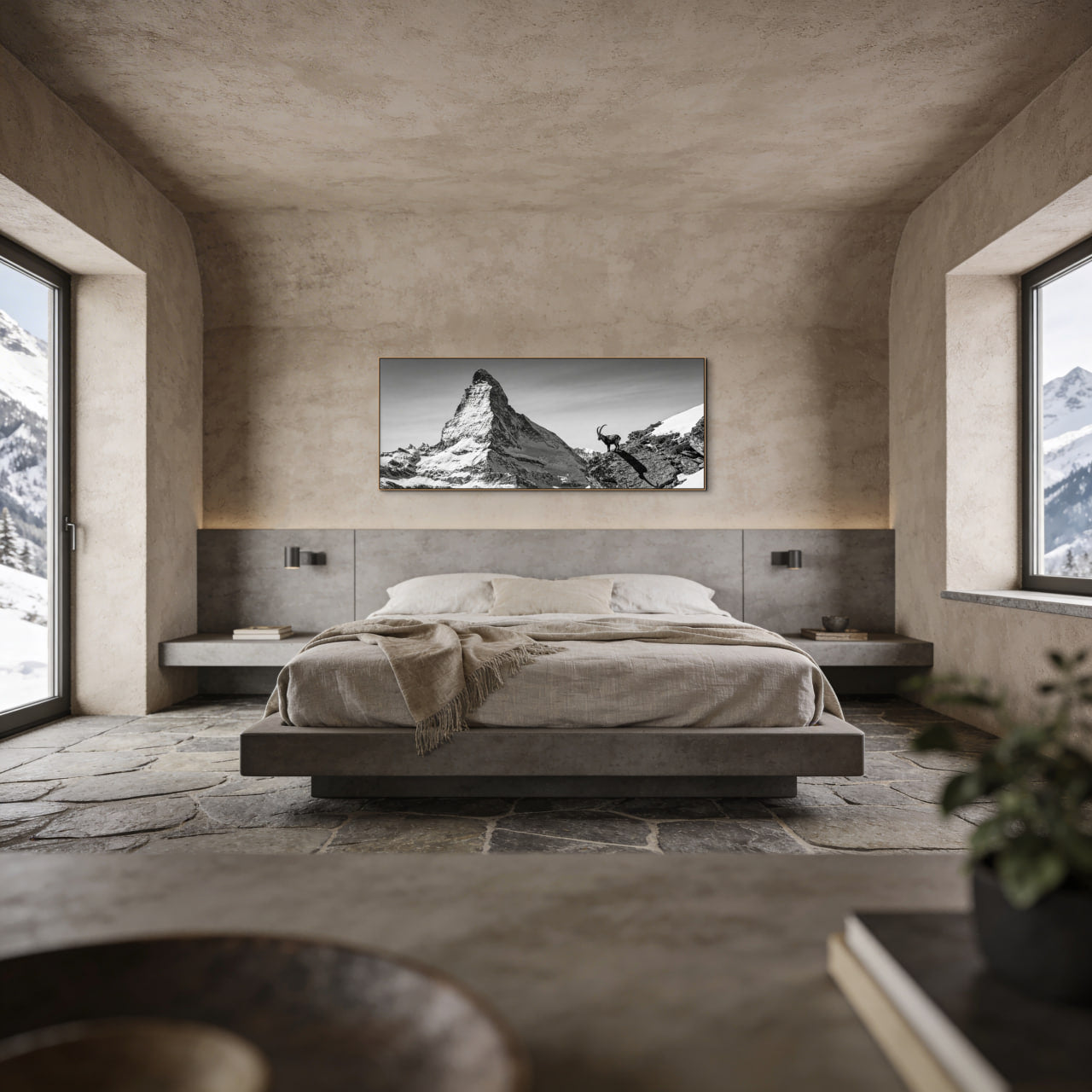 Ibex Before the Matterhorn – Alu-Dibond wall art above a modern alpine bedroom in the Alps.