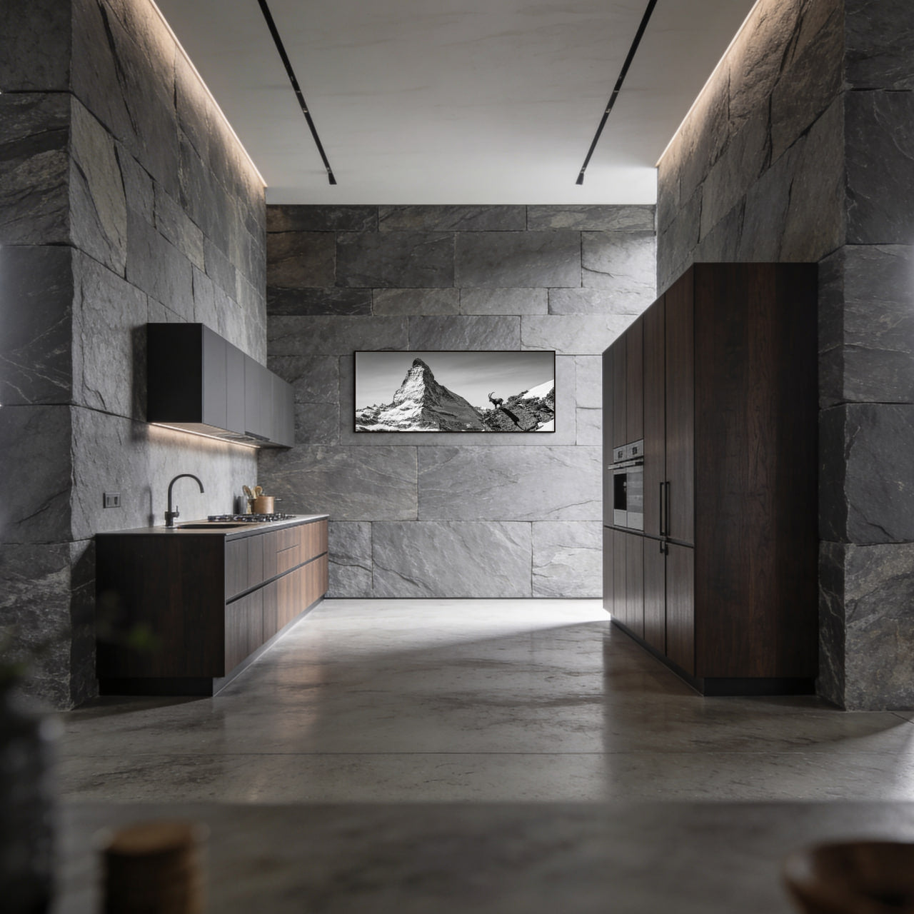 Ibex Before the Matterhorn – Alu-Dibond wall art displayed in a modern kitchen with stone walls, enhancing wall decor.