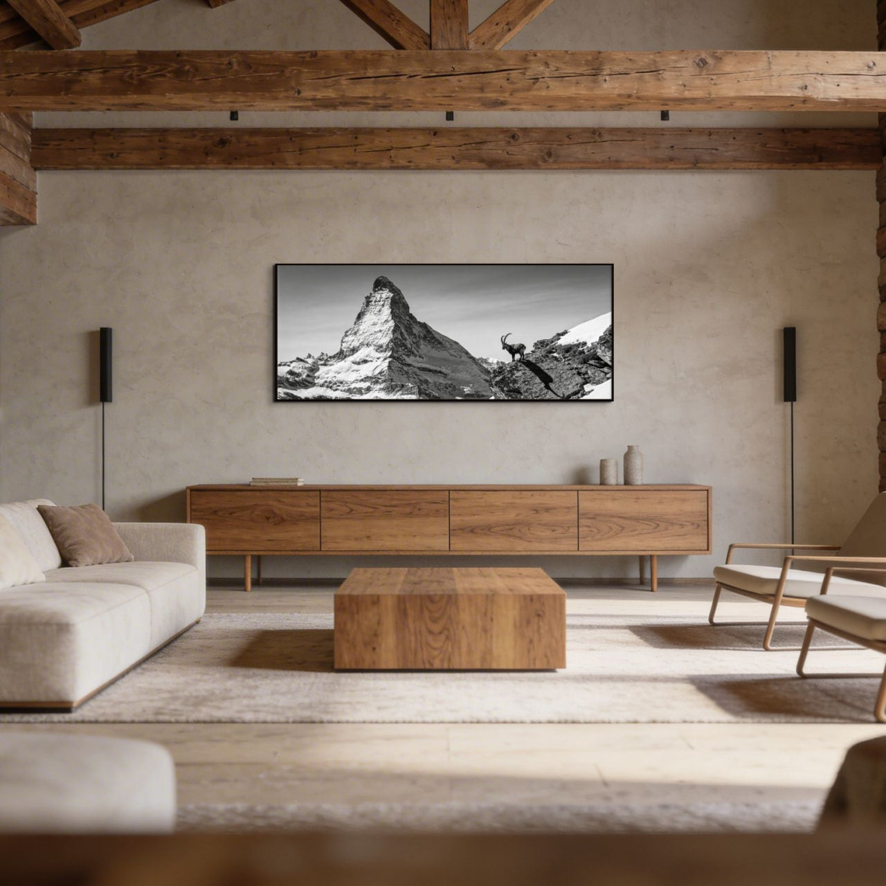 Ibex Before the Matterhorn – Alu-Dibond wall art displayed in a modern living room with wooden decor.