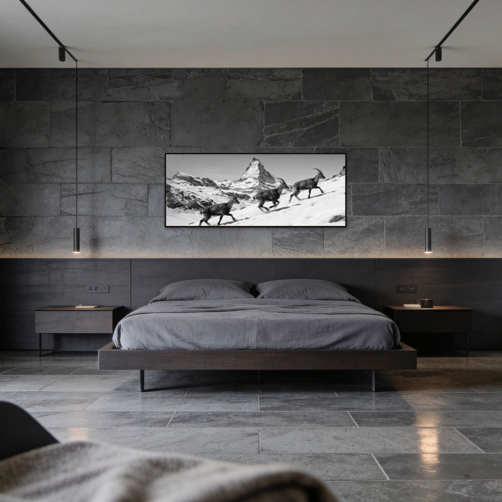 Ibex and the Matterhorn – Alu-Dibond wall art in modern bedroom wall decor featuring iconic alpine scenery.