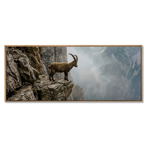 Ibex at the Edge of the Gorge, a large alpine wall art XXL featuring a majestic ibex on a rocky ledge.